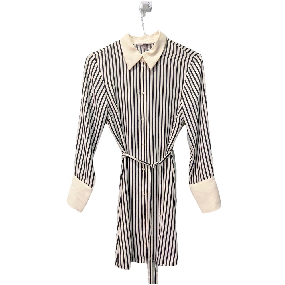 H&M Shirt Dress Womens Small Black White Striped Tie Waist Contrast Collar Mini
